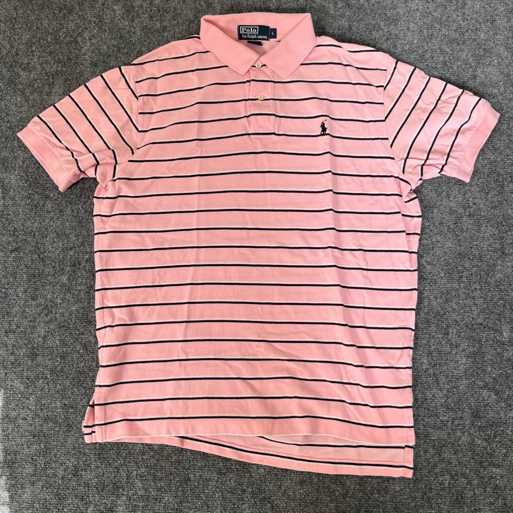 Polo Ralph Lauren Mens Large Pink Navy Striped Short Sleeve Cotton Polo Shirt